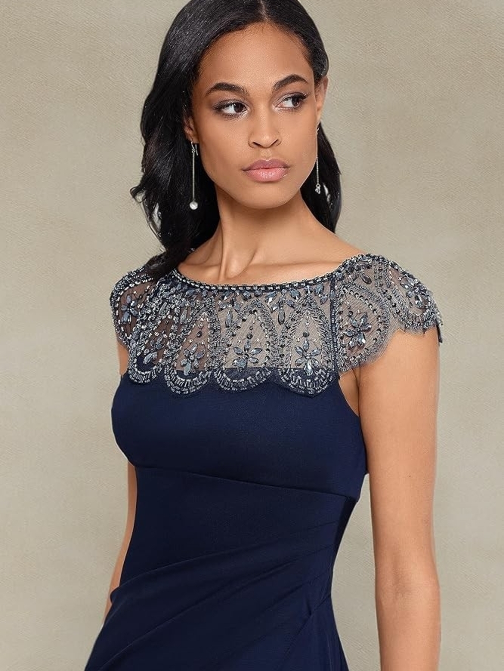 R&M Richards Navy Blue Beaded Illusion Yoke Wedding Dress